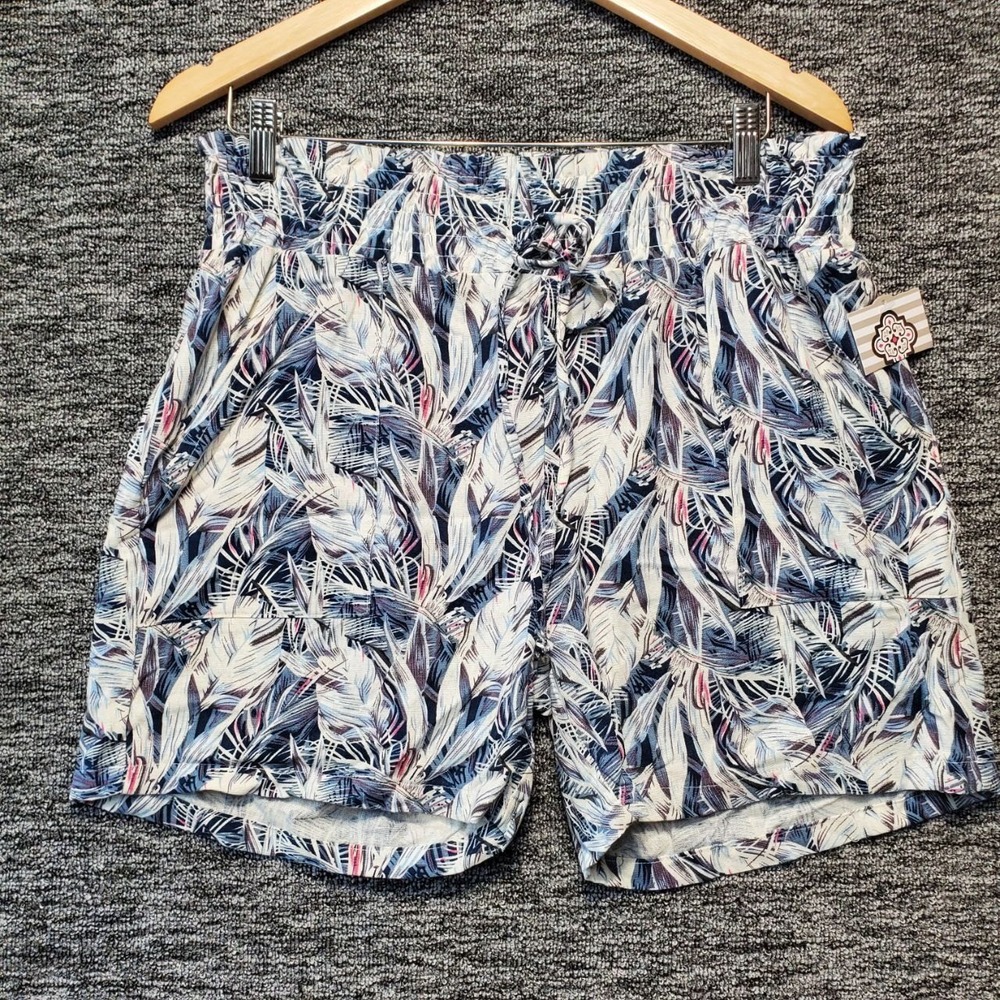 Kate Park Paperbag Tropical Shorts Womens Large Blue Linen Blend Smocked Waist